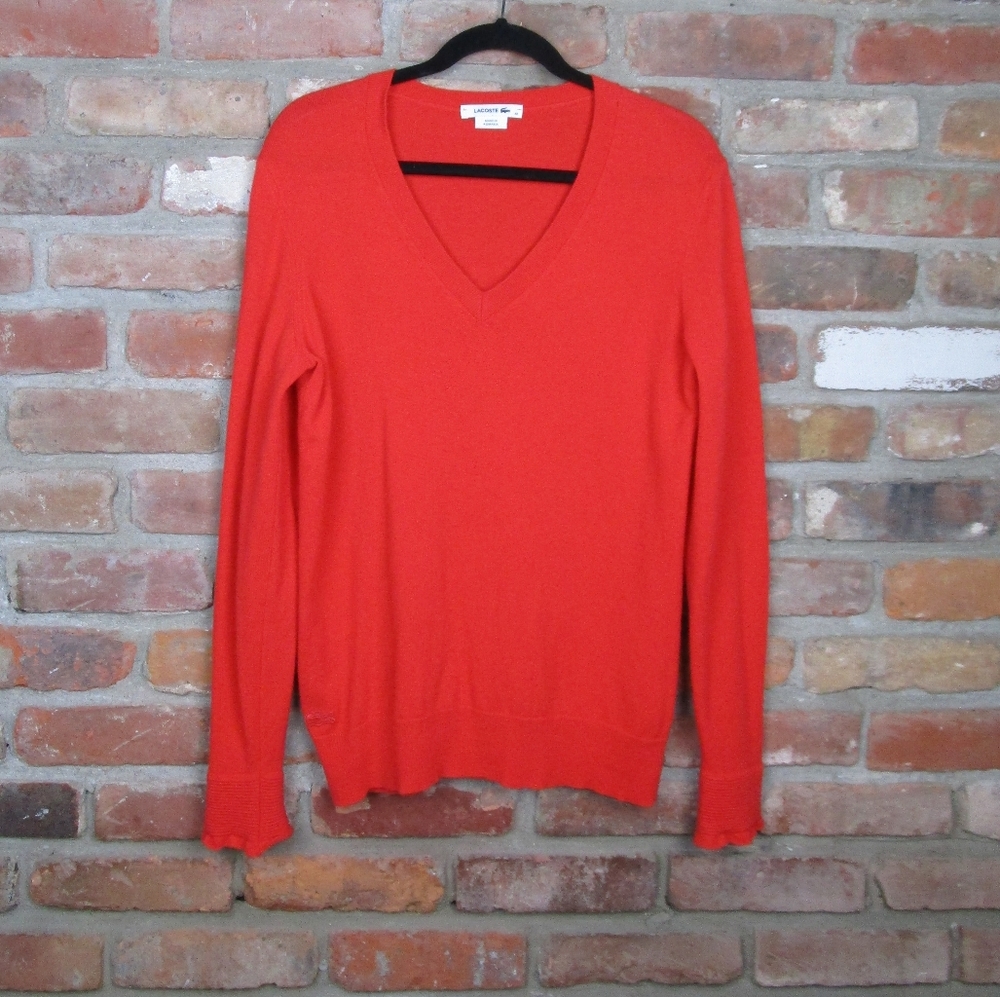 Lacoste Poppy Orange Cashmere V Neck Sweater 42 L F70248 Golf